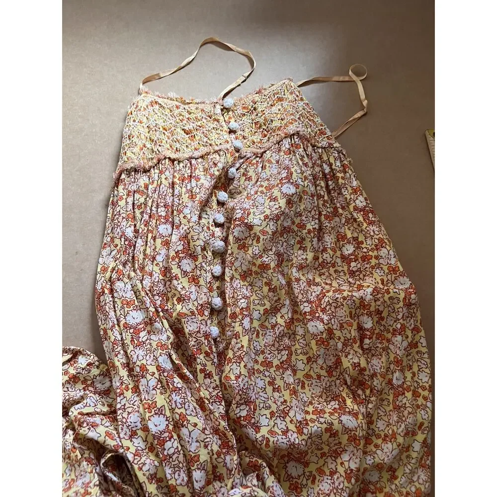 Free People Molly Jo Floral Maxi Dress Womens XL Smocked Open Back Boho